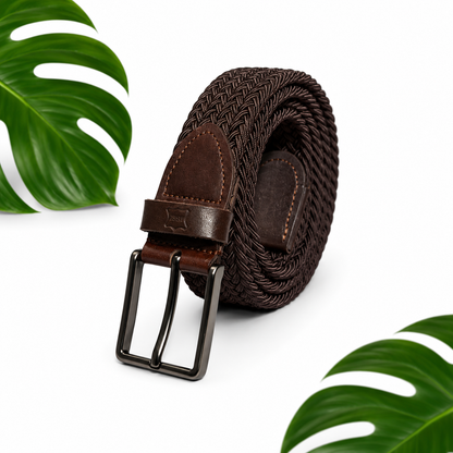 Deri- Lastik Örgü Erkek Kemer 3,5cm (Kahverengi)