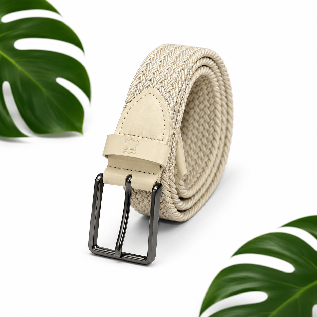 Deri- Lastik Örgü Erkek Kemer 3,5cm (Bej)